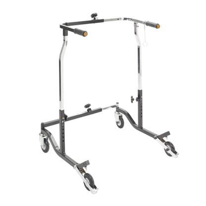 The Drive Bariatric Anterior Safety Roller is a black and silver adjustable walking frame with four wheels, padded handles, and a foldable design for enhanced mobility support.