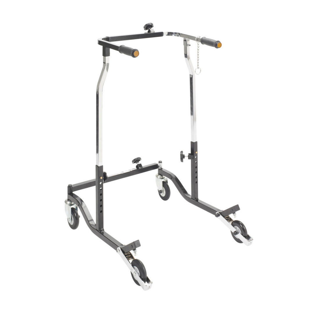 The Drive Bariatric Anterior Safety Roller is a black and silver folding walker with four swivel wheels, adjustable height, and two yellow-handled grips, providing safe, stable mobility support.