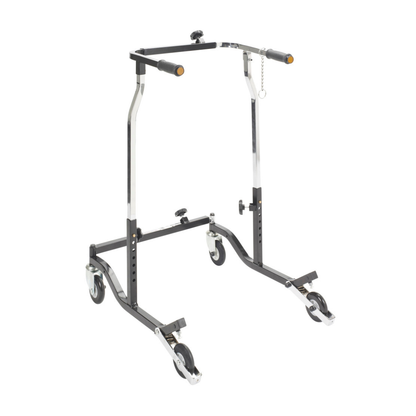 The Drive Bariatric Anterior Safety Roller is a black and silver folding walker with four swivel wheels, adjustable height, and two yellow-handled grips, providing safe, stable mobility support.