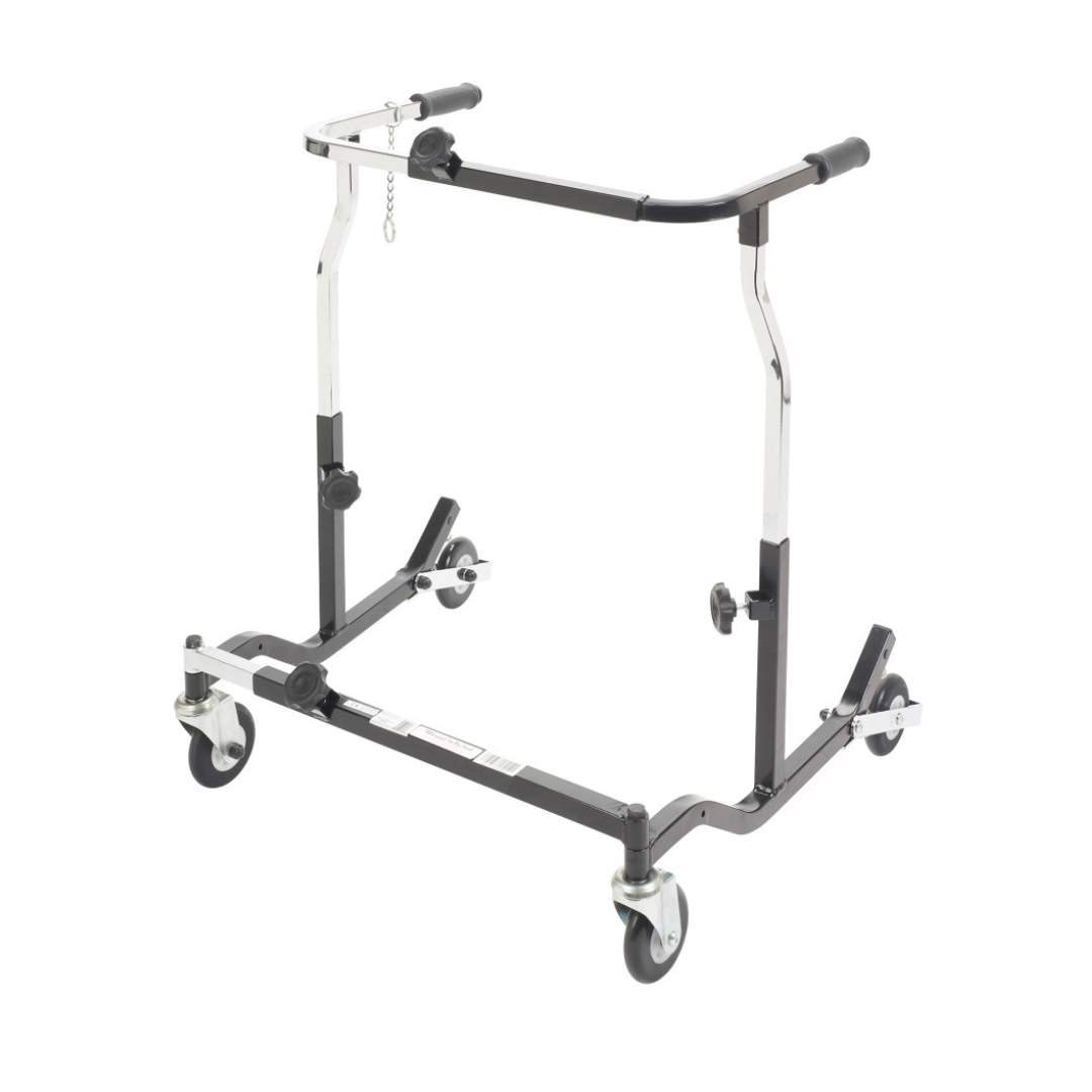 The Drive Bariatric Anterior Safety Roller is a black and silver adjustable safety aid with four caster wheels and two padded handles, designed for stability while walking; however, the product description only includes CSS code, not details.