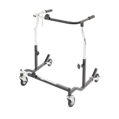 The Drive Bariatric Anterior Safety Roller is a black and silver adjustable safety aid with four caster wheels and two padded handles, designed for stability while walking; however, the product description only includes CSS code, not details.