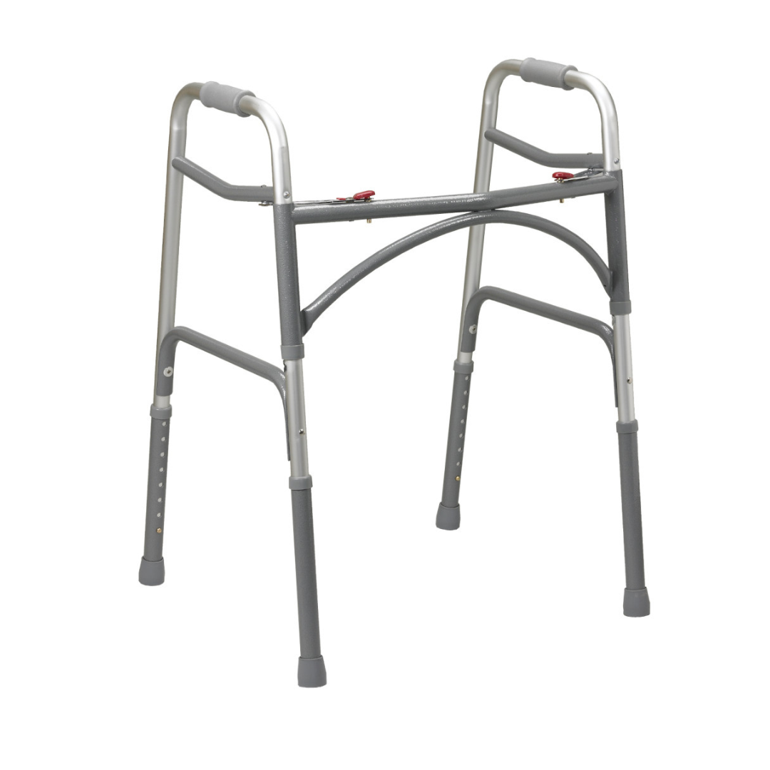The Drive Bariatric Aluminum Two Button Folding Walker is lightweight, features curved handles, four rubber-tipped legs, adjustable leg height, side safety clips, and is designed for mobility assistance.