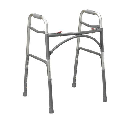 The Drive Bariatric Aluminum Two Button Folding Walker is lightweight, features curved handles, four rubber-tipped legs, adjustable leg height, side safety clips, and is designed for mobility assistance.