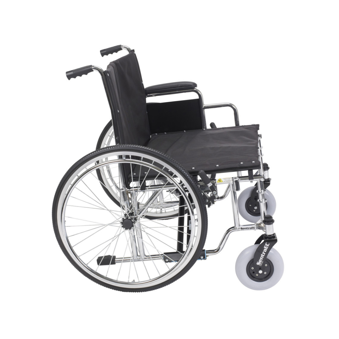 The Drive Bariatric Sentra EC Heavy-Duty Extra-Wide Wheelchair features a black seat and backrest, large rear wheels with hand rims, and smaller front casters, shown from a side view.