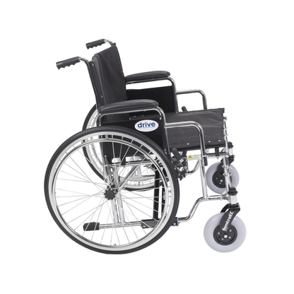 The Drive Bariatric Sentra EC Heavy-Duty Extra-Wide Wheelchair is shown in side view, featuring a black metal frame, large rear wheels, small front casters, armrests, and footrests. The "drive" brand name is visible on the side.