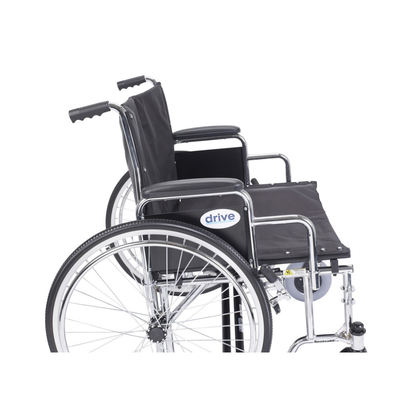 A side view of the Drive Bariatric Sentra EC Heavy-Duty Extra-Wide Wheelchair, black with a chrome frame, armrests, and large rear wheels, featuring the brand name "drive" on the side.