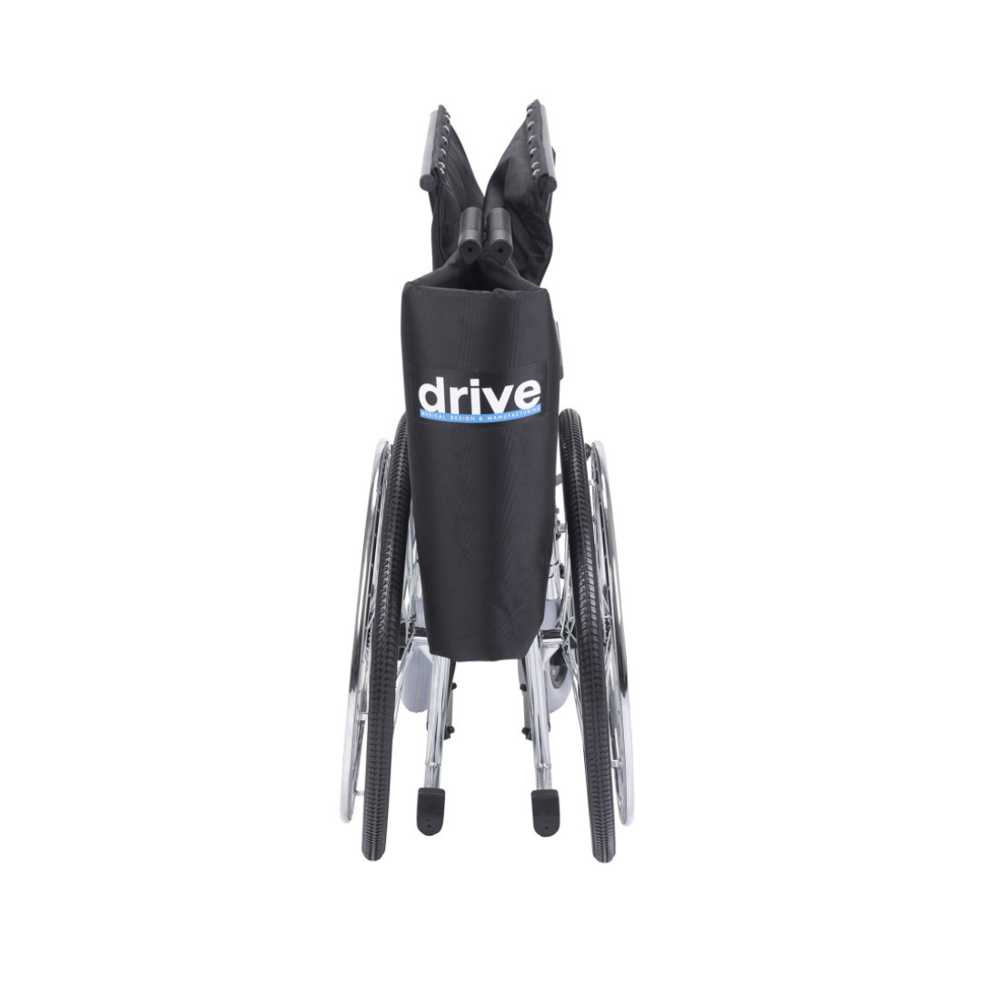 A folded Drive Bariatric Sentra EC Heavy-Duty Extra-Wide Wheelchair, with the "Drive" logo on the backrest, viewed from the rear against a white background.