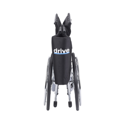 A folded Drive Bariatric Sentra EC Heavy-Duty Extra-Wide Wheelchair, with the "Drive" logo on the backrest, viewed from the rear against a white background.