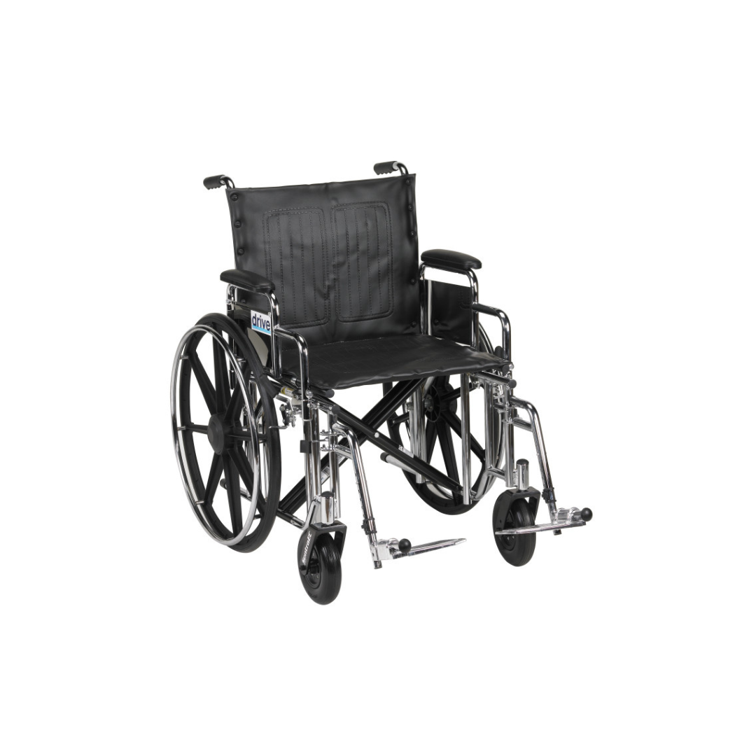 The Drive Bariatric Sentra Extra-Heavy-Duty Wheelchair, featuring a black metal frame, large rear wheels, small front casters, and padded armrests, is displayed against a white background.