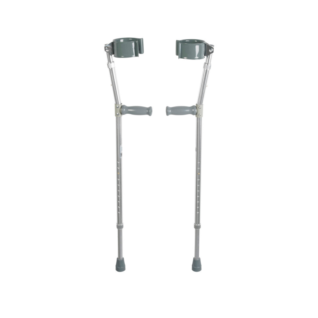A pair of Drive Bariatric Steel Forearm Crutches with ergonomic handles and arm cuffs, adjustable and gray, standing upright on a white background.