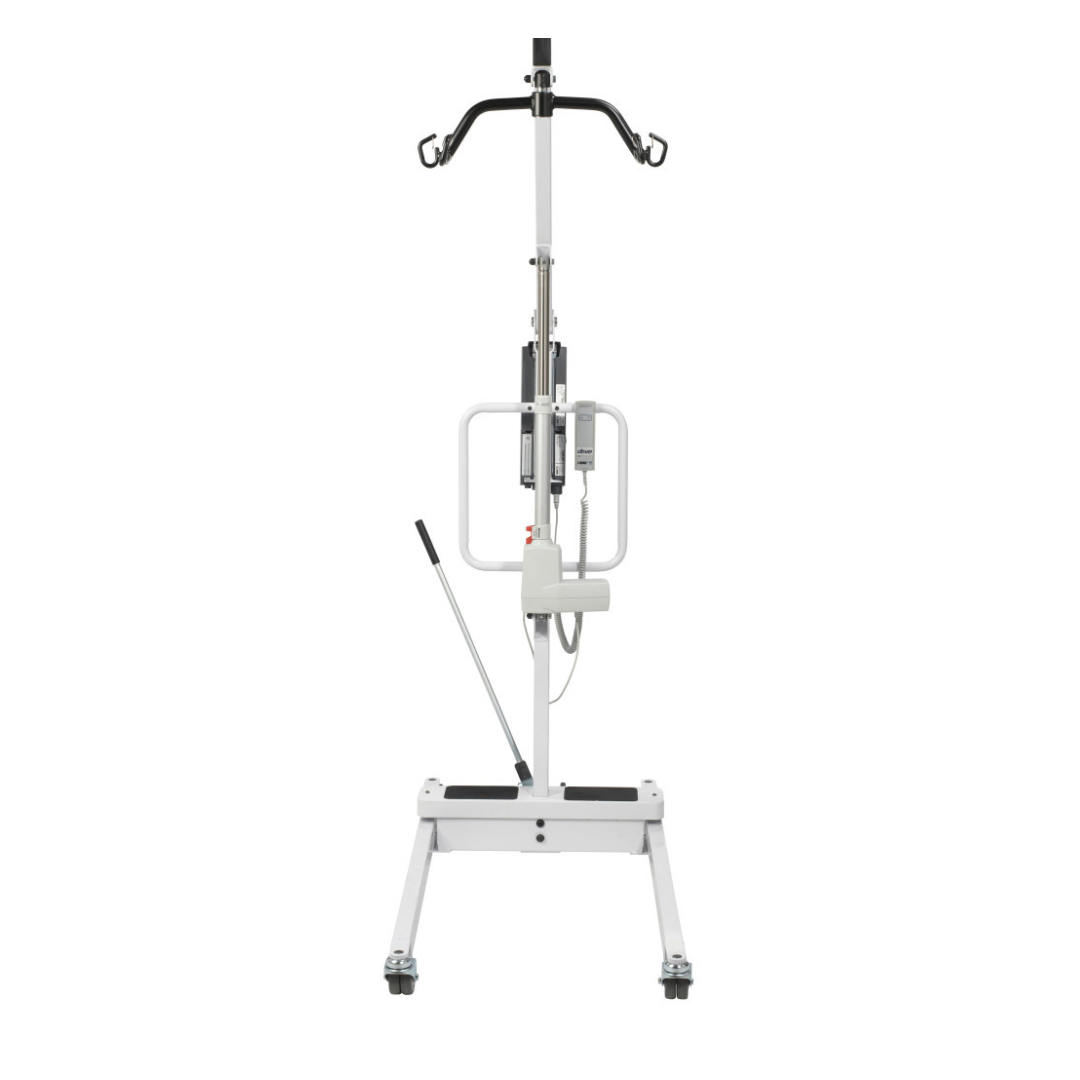 Front view of the Drive Bariatric Battery-Powered Patient Lift with a wide base, upright metal frame, black top handles, central control box, side lever, and four caster wheels for easy mobility.