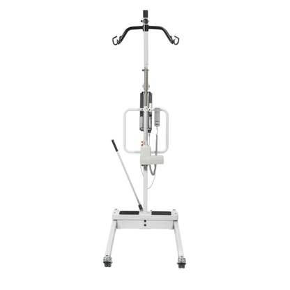 Front view of the Drive Bariatric Battery-Powered Patient Lift with a wide base, upright metal frame, black top handles, central control box, side lever, and four caster wheels for easy mobility.