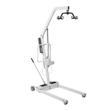 The Drive Bariatric Battery-Powered Patient Lift is a white patient lift with a wheeled base, vertical support arm, and black sling cradle, designed to assist in lifting and transferring individuals with limited mobility.