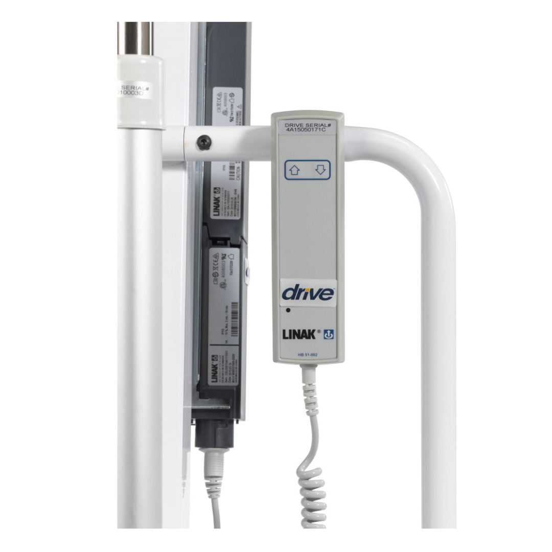 Close-up of a Drive Bariatric Battery-Powered Patient Lift control panel labeled "drive" and "LINAK," featuring up/down arrow buttons, coiled cable, visible electrical parts, and attached to the lift's white metal frame.