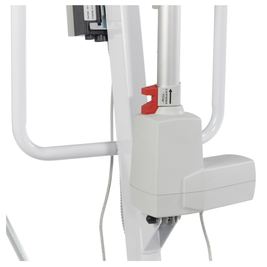 Close-up of the Drive Bariatric Battery-Powered Patient Lift featuring a white device with a red release lever, metal tubing, and cables. Image highlights the adjustment and control mechanism of this bariatric lift.