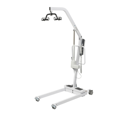 The Drive Bariatric Battery-Powered Patient Lift is a white lift with a wheeled base, adjustable arm, and sling hook, designed for safe transfers of individuals with mobility challenges.