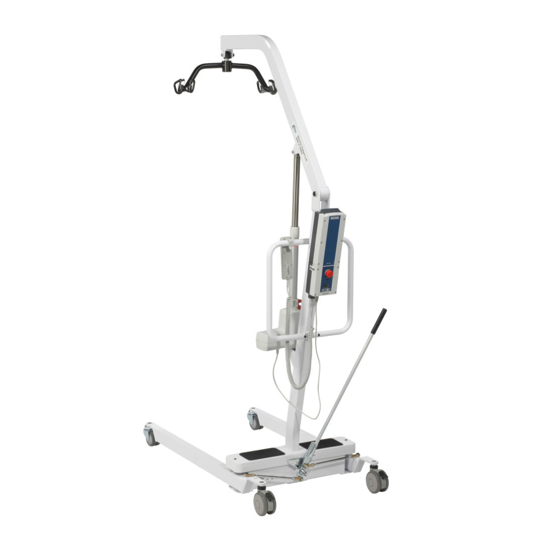 The Drive Bariatric Battery-Powered Patient Lift is a white, metal-framed lift with wheels, a control panel, and an adjustable arm with hooks for safely transferring individuals with limited mobility.