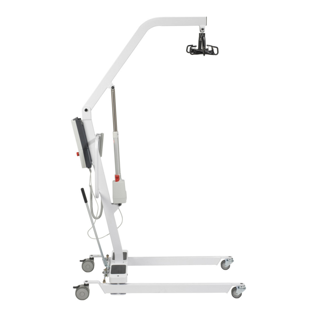 The Drive Bariatric Battery-Powered Patient Lift is a white, wheeled lift with a vertical frame, adjustable arm, control panel, and sling attachment point for safely transferring individuals with limited mobility.