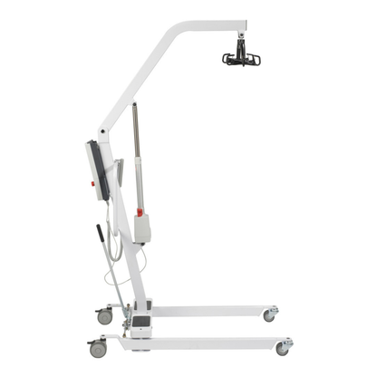 The Drive Bariatric Battery-Powered Patient Lift is a white, wheeled lift with a vertical frame, adjustable arm, control panel, and sling attachment point for safely transferring individuals with limited mobility.