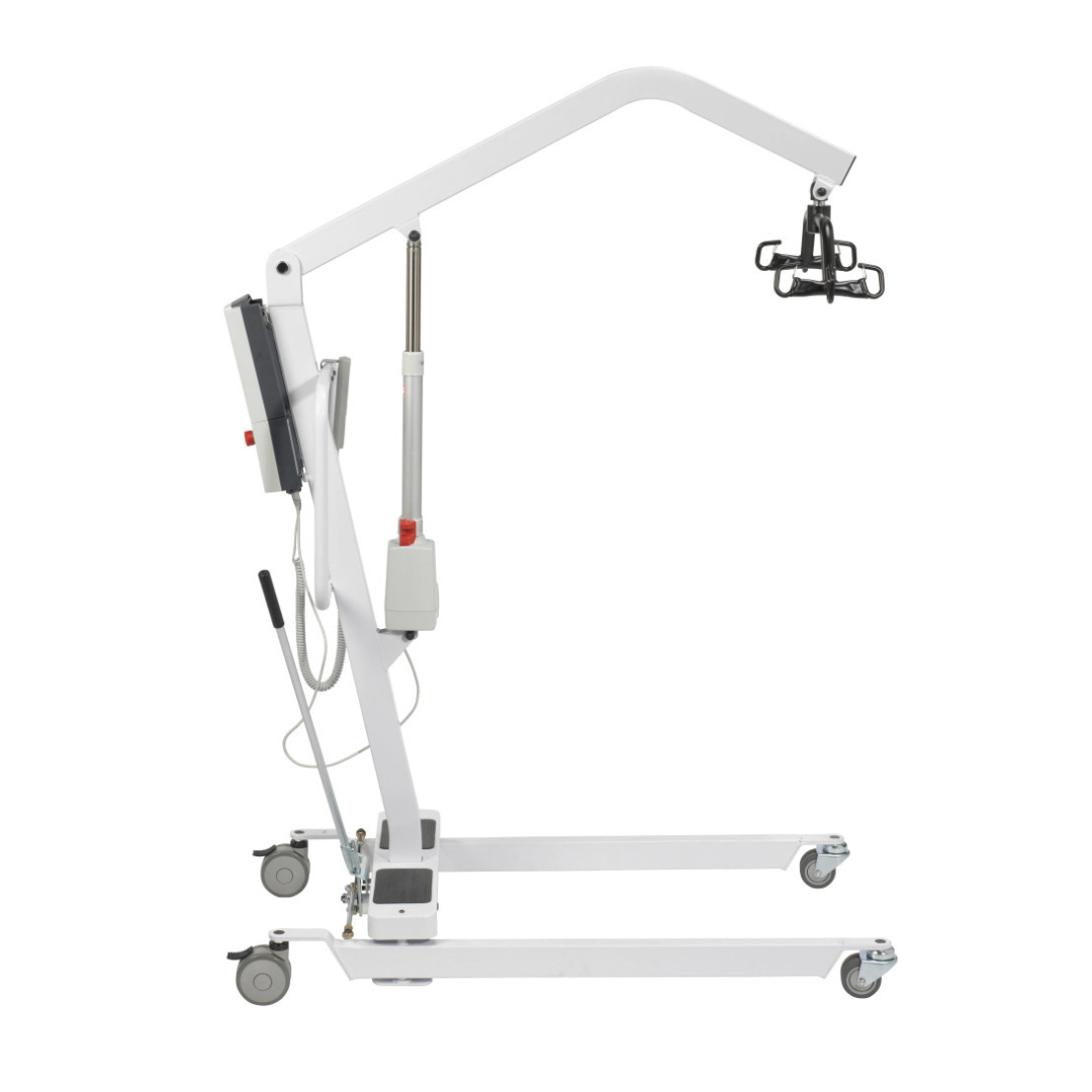 The Drive Bariatric Battery-Powered Patient Lift is a white, wheeled lift with a sturdy metal frame and black sling attachment, designed for safe patient transfers. It features control buttons and operates via battery-powered lifting.