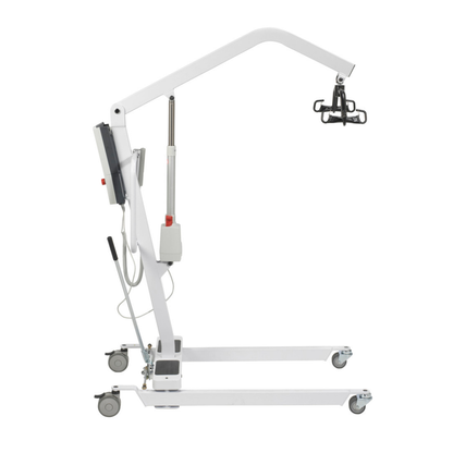 The Drive Bariatric Battery-Powered Patient Lift is a white, wheeled lift with a sturdy metal frame and black sling attachment, designed for safe patient transfers. It features control buttons and operates via battery-powered lifting.