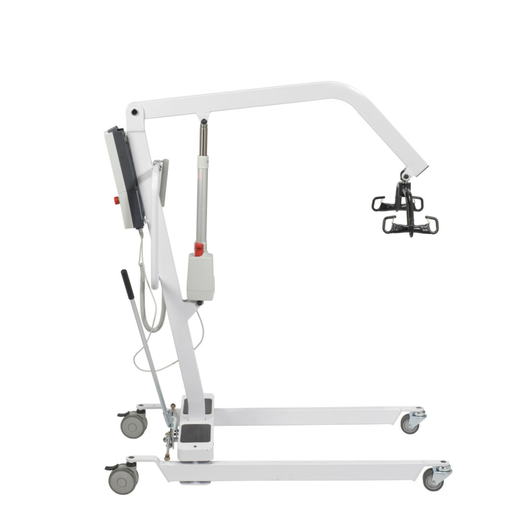 The Drive Bariatric Battery-Powered Patient Lift is a white, mobile lift with wheels and a metal frame, featuring a long horizontal arm and sling attachment to assist with lifting and transferring individuals with limited mobility.