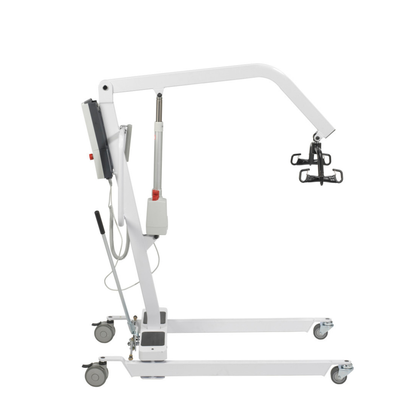 The Drive Bariatric Battery-Powered Patient Lift is a white, mobile lift with wheels and a metal frame, featuring a long horizontal arm and sling attachment to assist with lifting and transferring individuals with limited mobility.