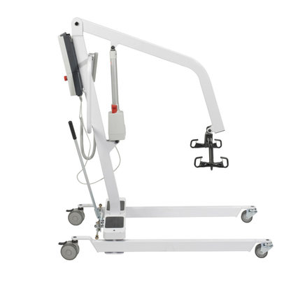 The Drive Bariatric Battery-Powered Patient Lift in white features wheels, a sling attachment point, and hand controls. Designed for transferring individuals with limited mobility, it is shown against a plain background.