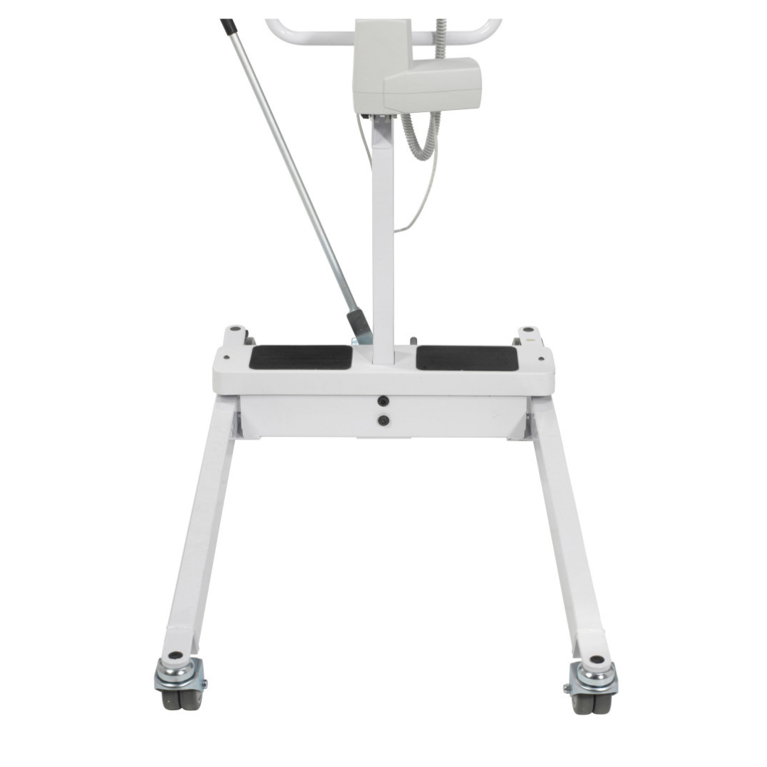 The Drive Bariatric Battery-Powered Patient Lift is a white, wheeled lift with a handlebar and control panel, two wide base legs, and black footrests for safe patient mobility or transfers.