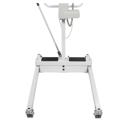 The Drive Bariatric Battery-Powered Patient Lift is a white, wheeled lift with a handlebar and control panel, two wide base legs, and black footrests for safe patient mobility or transfers.