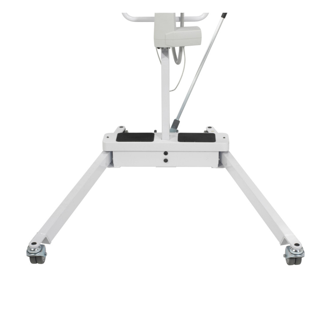 The Drive Bariatric Battery-Powered Patient Lift, featuring a white wheeled base with two wide angled legs and an upright support, is shown on a plain background. Its casters provide mobility for healthcare use.