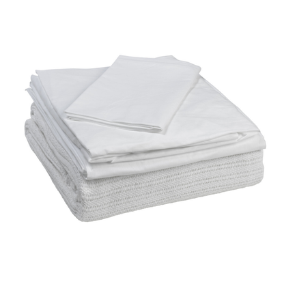 The Drive Bedding in a Box All-In-One Bedding Set, featuring a flat sheet, fitted sheet, and pillowcases in white, is neatly stacked on a pristine white surface.