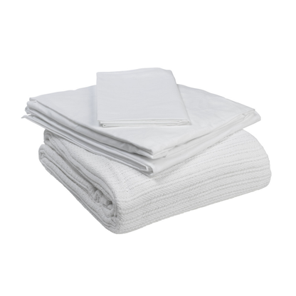 The Drive Bedding in a Box All-In-One Bedding Set, featuring a textured blanket, flat sheet, and pillowcase, is neatly folded and displayed on a plain white background.