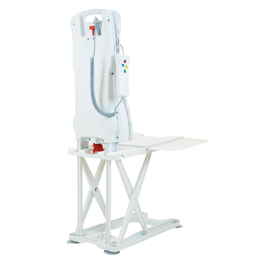 The Drive Bellavita Dive Bath Lift is a white electric reclining bathtub lift featuring dual-column stability, side flaps, a reclinable backrest, and a handheld remote with coiled cable for safe bath entry and exit.