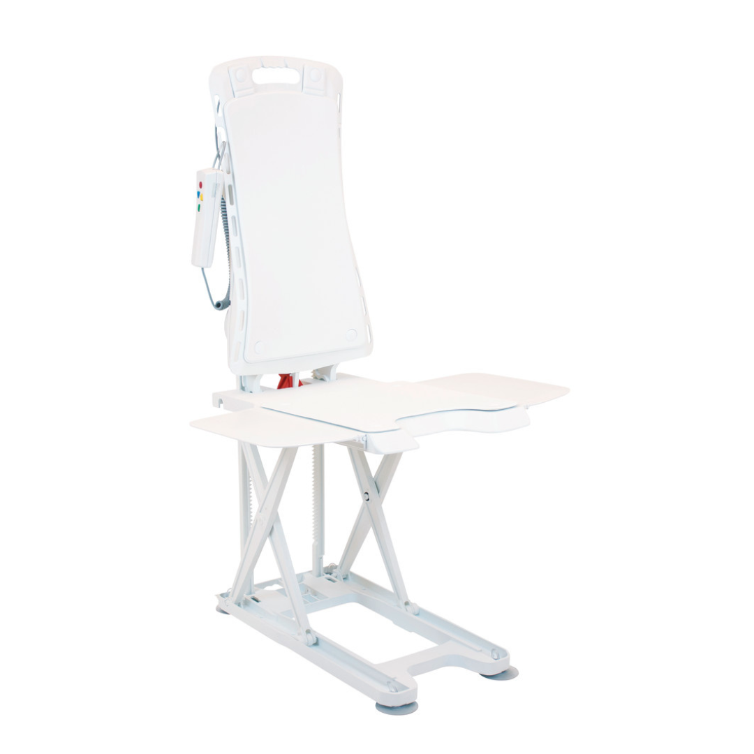 The Drive Bellavita Dive Bath Lift is a white, electric reclining bathtub lift with dual-column stability, a high backrest, adjustable seat, folding support legs, and a side-attached handheld remote control.