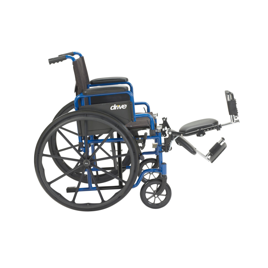 The Drive Blue Streak Portable Wheelchair, shown from the side, is a blue and black lightweight wheelchair with elevated leg rests, large rear wheels, armrests, a padded seat, and supportive footrests for comfort.