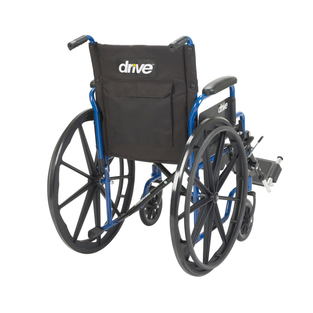 The Drive Blue Streak Portable Wheelchair features a blue frame, large rear wheels, small front casters, footrests, and a black seat back with the Drive logo for reliable mobility and comfort every day.