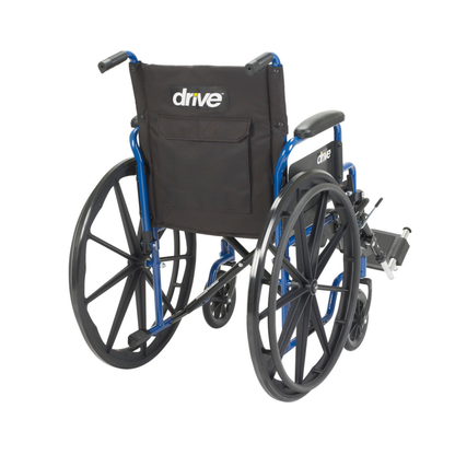 The Drive Blue Streak Portable Wheelchair features a blue frame, large rear wheels, small front casters, footrests, and a black seat back with the Drive logo for reliable mobility and comfort every day.