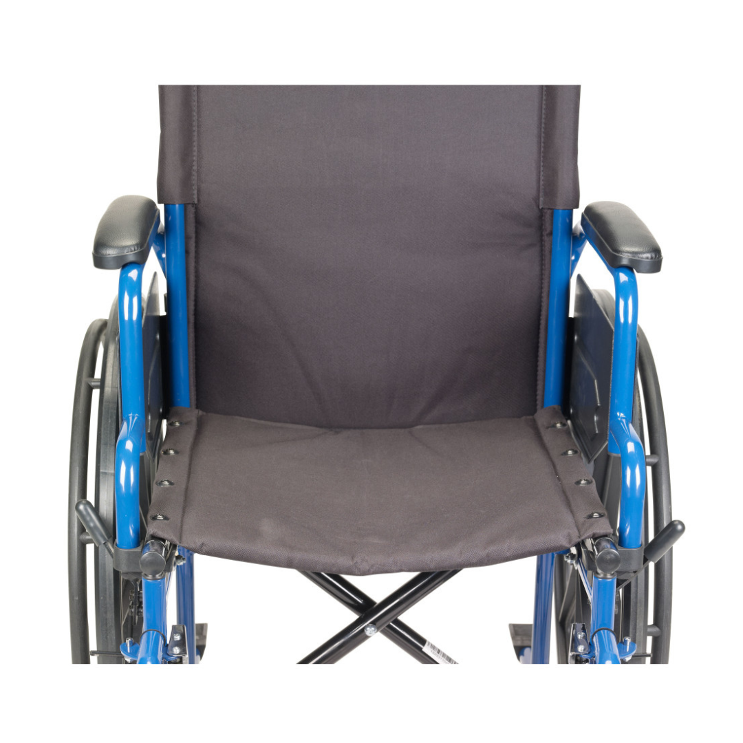A close-up of the Drive Blue Streak Portable Wheelchair, highlighting its empty blue seat, armrests, and wheels against a white background—a lightweight mobility aid for comfortable seating.