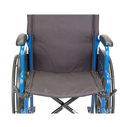A close-up of the Drive Blue Streak Portable Wheelchair, highlighting its empty blue seat, armrests, and wheels against a white background—a lightweight mobility aid for comfortable seating.