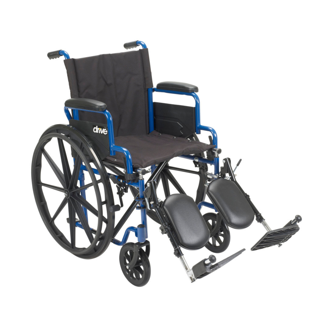 The Drive Blue Streak Portable Wheelchair features a blue frame, black armrests and seat, large rear wheels, and elevated leg rests, all showcased on a white background.