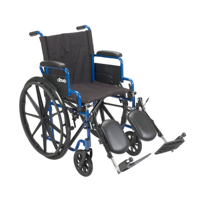 The Drive Blue Streak Portable Wheelchair features a blue frame, black armrests and seat, large rear wheels, and elevated leg rests, all showcased on a white background.