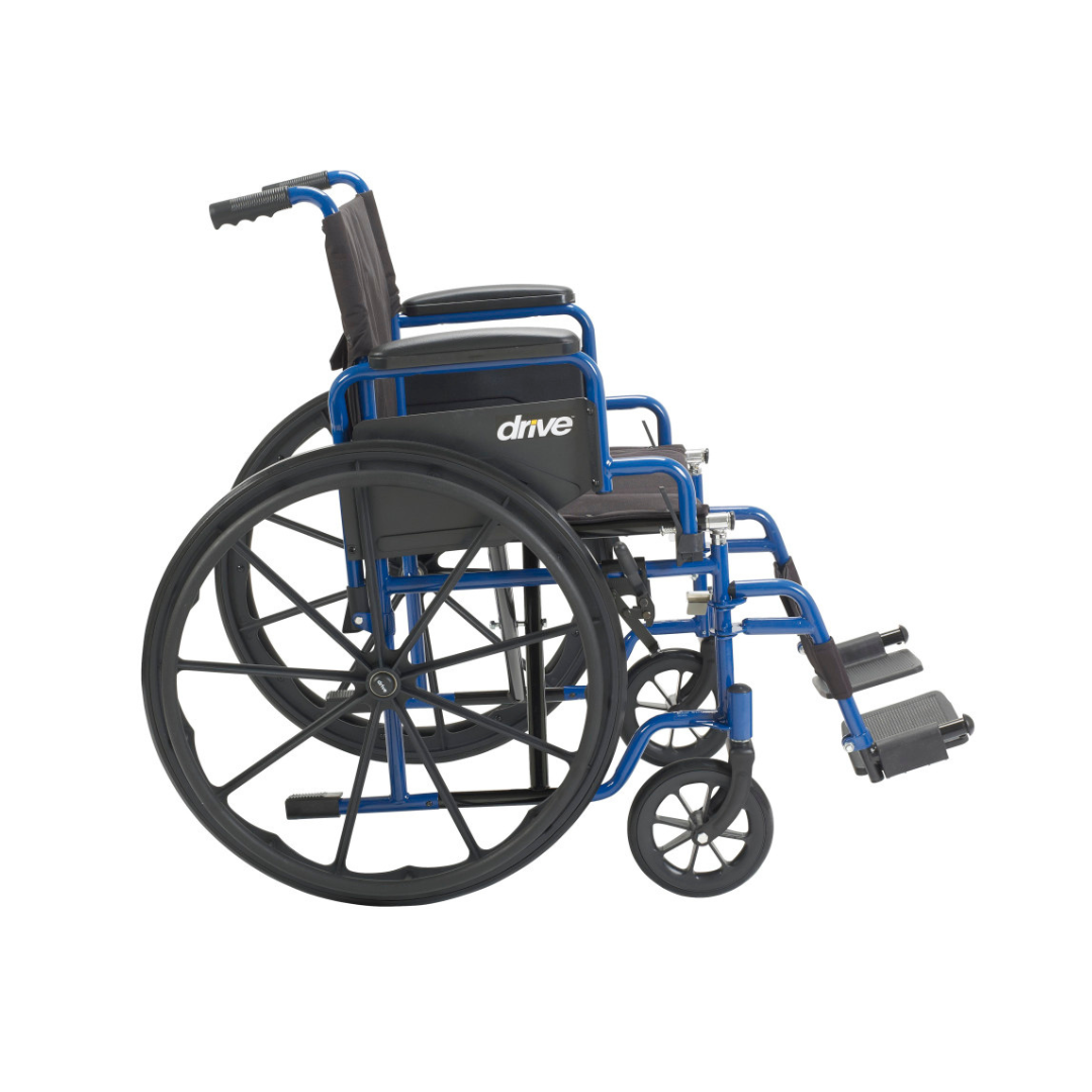 The Drive Blue Streak Portable Wheelchair, shown from the side, features a blue frame, black armrests, large rear wheels, small front wheels, and footrests. The drive logo is visible on the seat back for reliable and comfortable mobility.