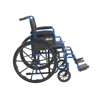 The Drive Blue Streak Portable Wheelchair, shown from the side, features a blue frame, black armrests, large rear wheels, small front wheels, and footrests. The drive logo is visible on the seat back for reliable and comfortable mobility.