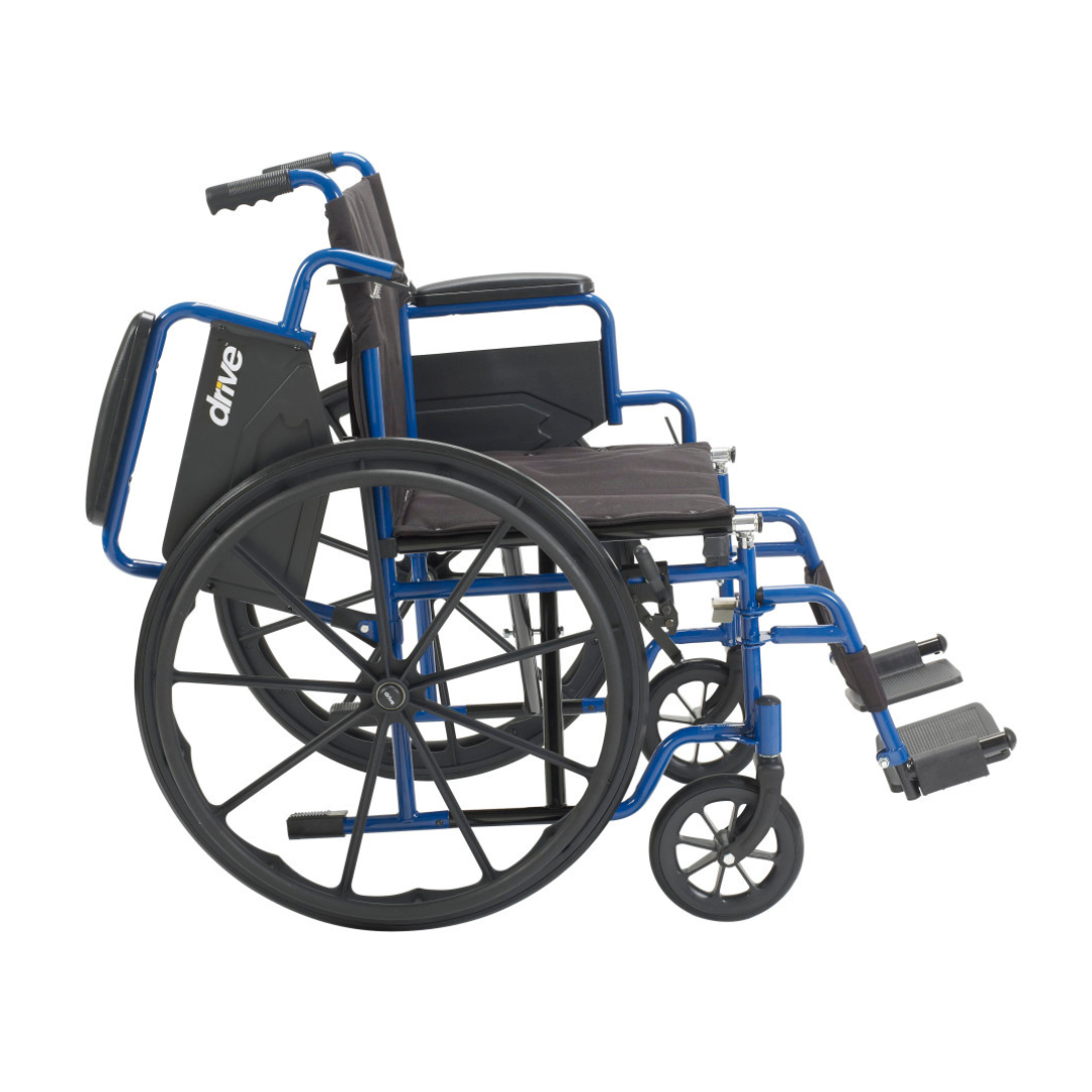 The Drive Blue Streak Portable Wheelchair features a blue and black design, large rear wheels, footrests, and armrests. Seen from the side, it displays the Drive logo—offering reliable comfort and mobility support for users.