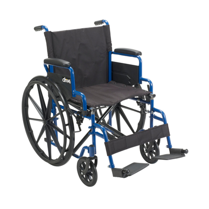 The Drive Blue Streak Portable Wheelchair is a blue and black lightweight model with large rear wheels, small front wheels, armrests, and footrests. It features comfortable black fabric seating and displays the Drive brand on the side.