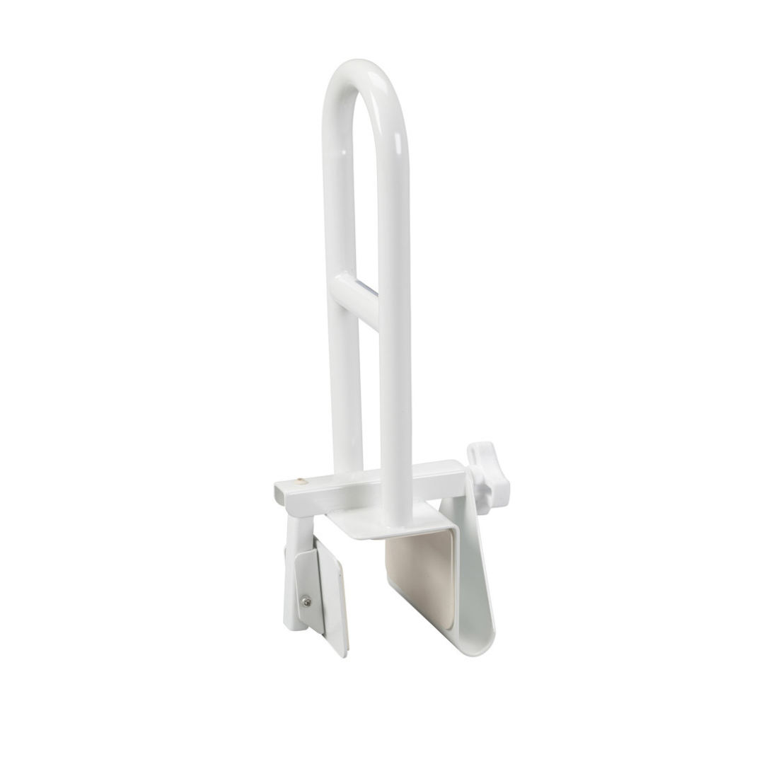 The Drive Clamp-On Tub Rail - Safety Handle is a white metal adjustable rail with a vertical handle and secure clamp, designed to attach to the bathtub side for reliable support when entering or exiting the tub.