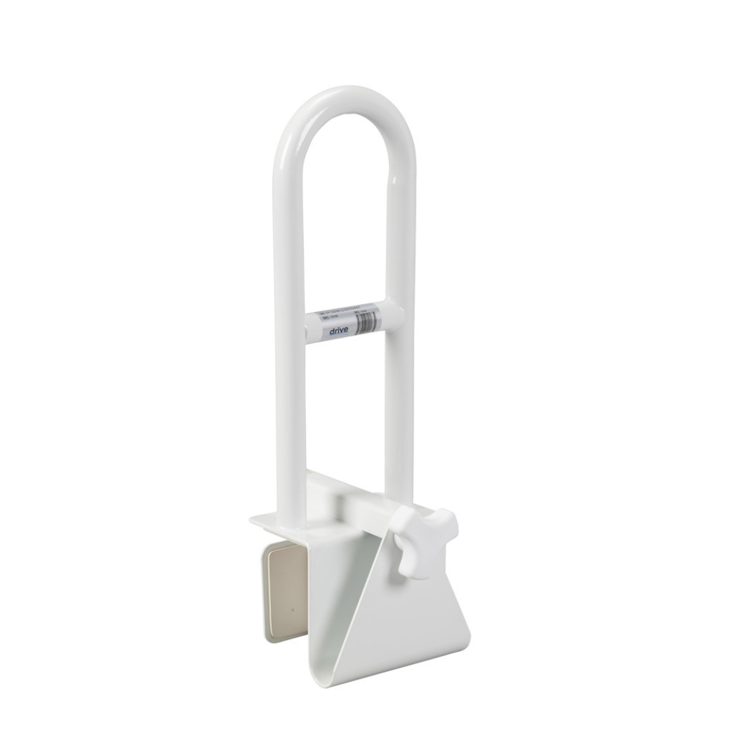 The Drive Clamp-On Tub Rail Safety Handle is a white metal grab bar with an adjustable vertical handle and clamp, providing secure, tool-free support on the side of a bathtub.