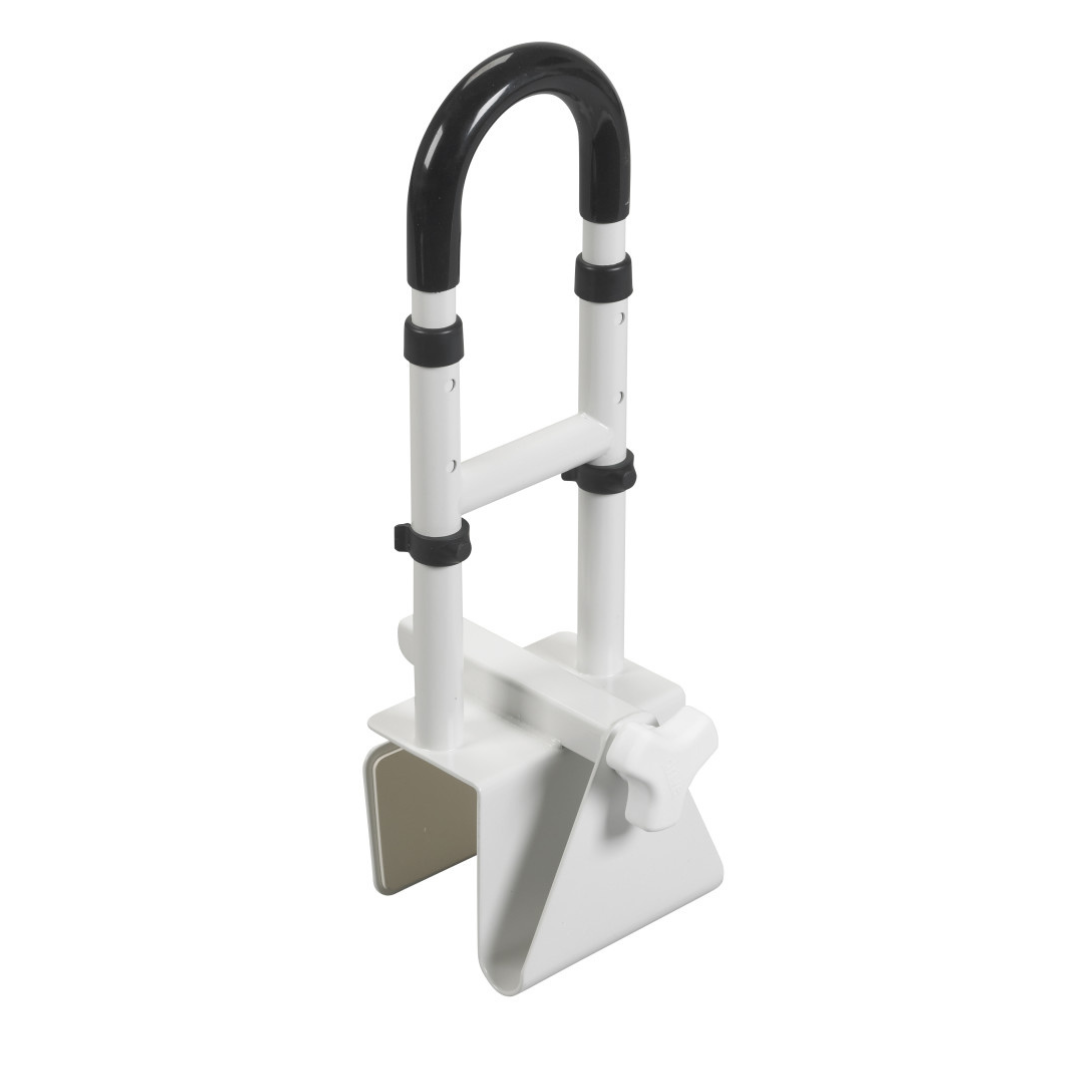 The Drive Clamp-On Tub Rail - Safety Handle is a white adjustable bathtub rail with a black handle and clamp that securely attaches to the tub, providing sturdy support for safe entry and exit.