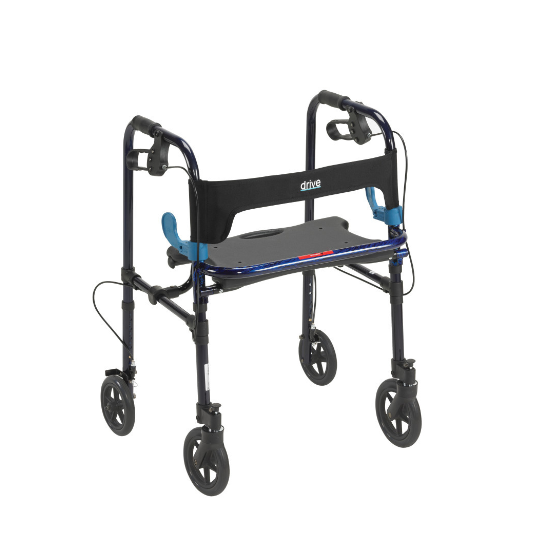 The Drive Clever-Lite Walker with Seat and 8" Casters features a black and blue lightweight aluminum frame, four wheels with swivel fronts, loop-lock brakes, padded seat, backrest, and is designed for easy maneuvering and improved mobility.